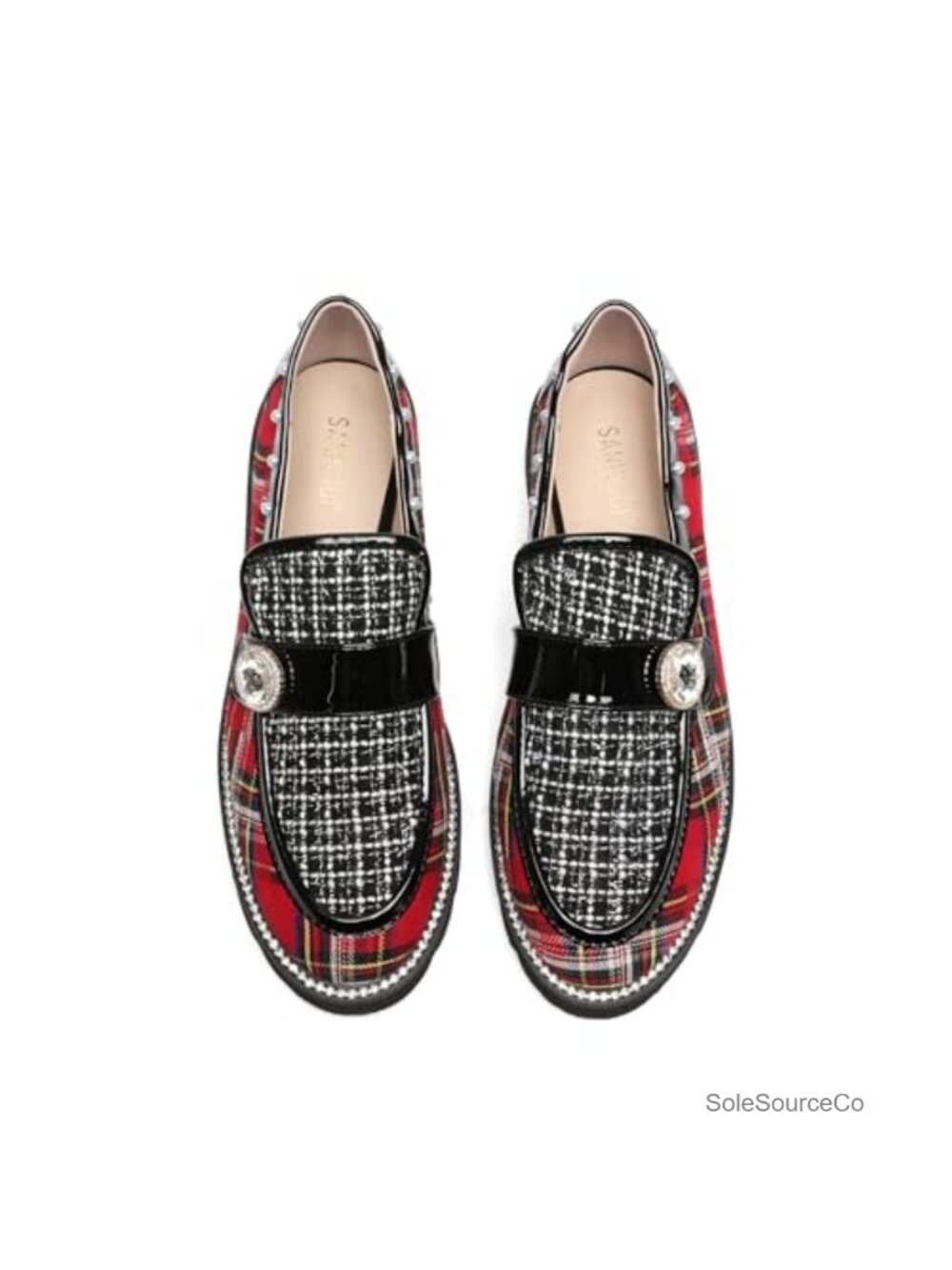 Plaid Lug Sole Penny Loafers Pearl Accent Slip On Low Heel Round Toe Comfort